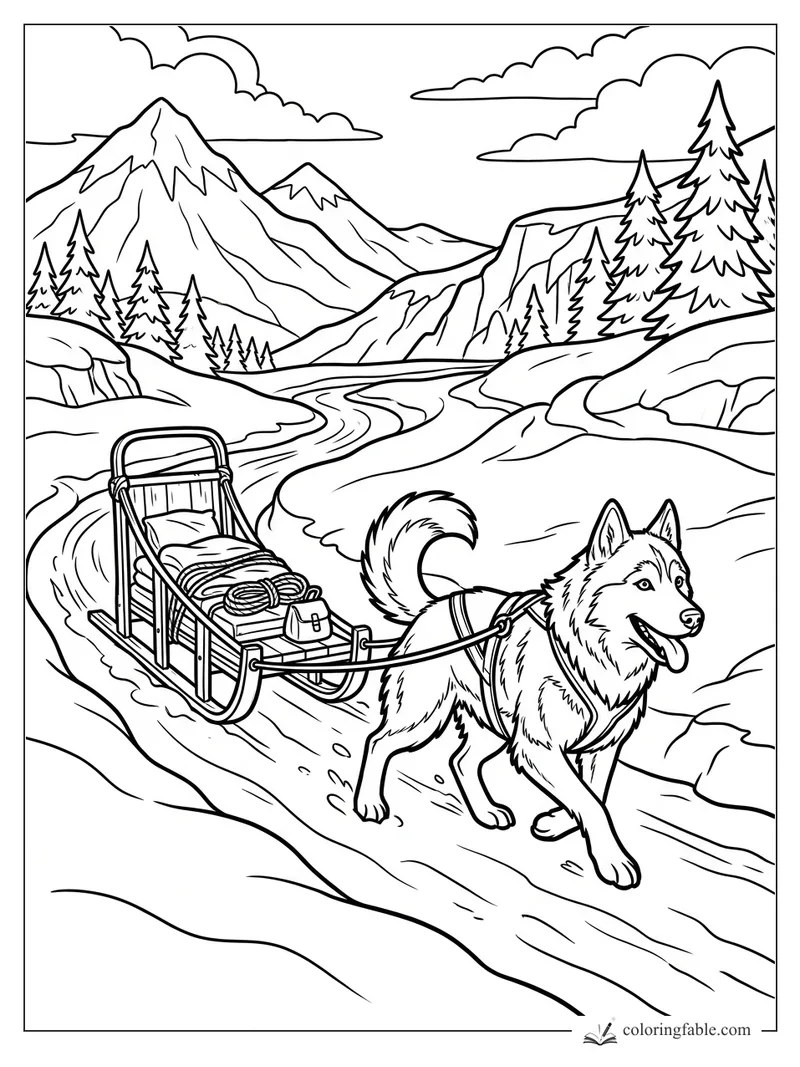 Cartoon husky pulling a loaded sled on a snowy mountain trail with pine trees and clouds