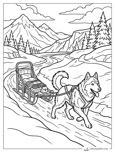 Cartoon husky pulling a loaded sled on a snowy mountain trail with pine trees and clouds