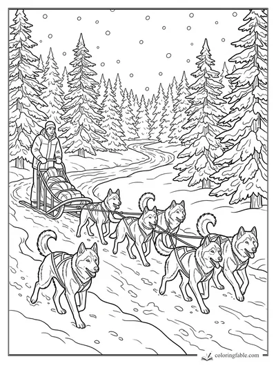 Realistic husky sled team pulling a musher through snowy pine woods with falling snow.
