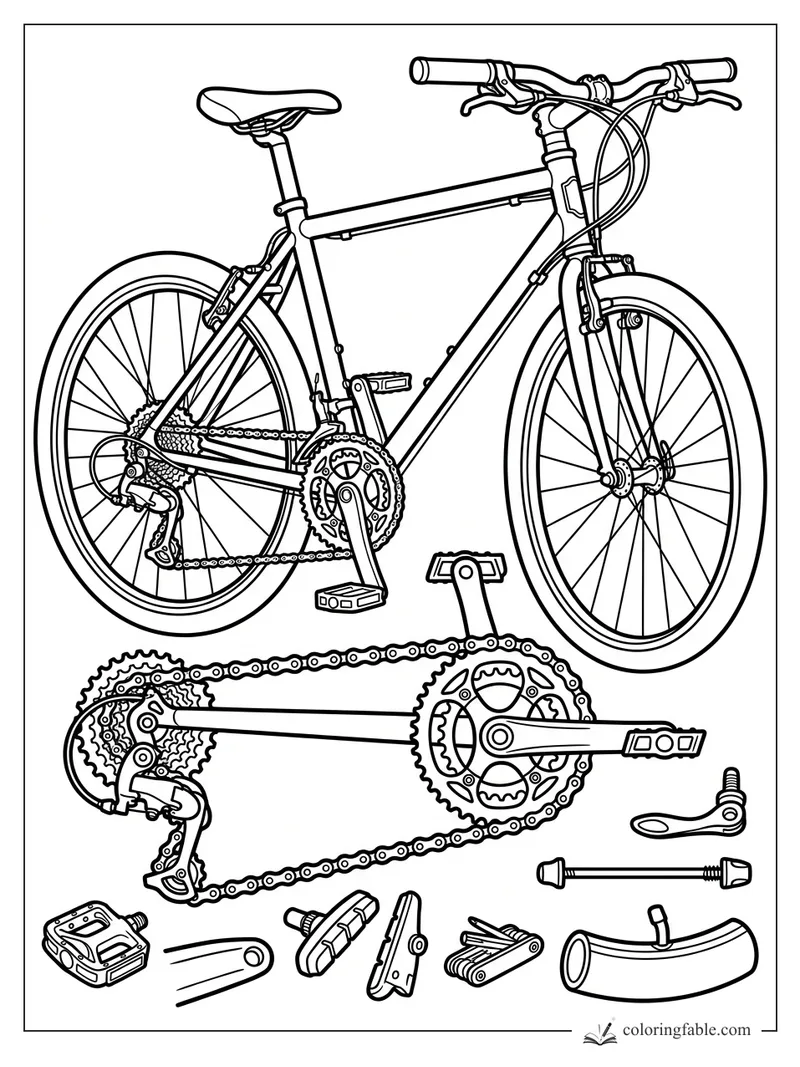 Hybrid bicycle coloring page with frame, wheels, chain, gears, pedals, tools, and loose bike parts.