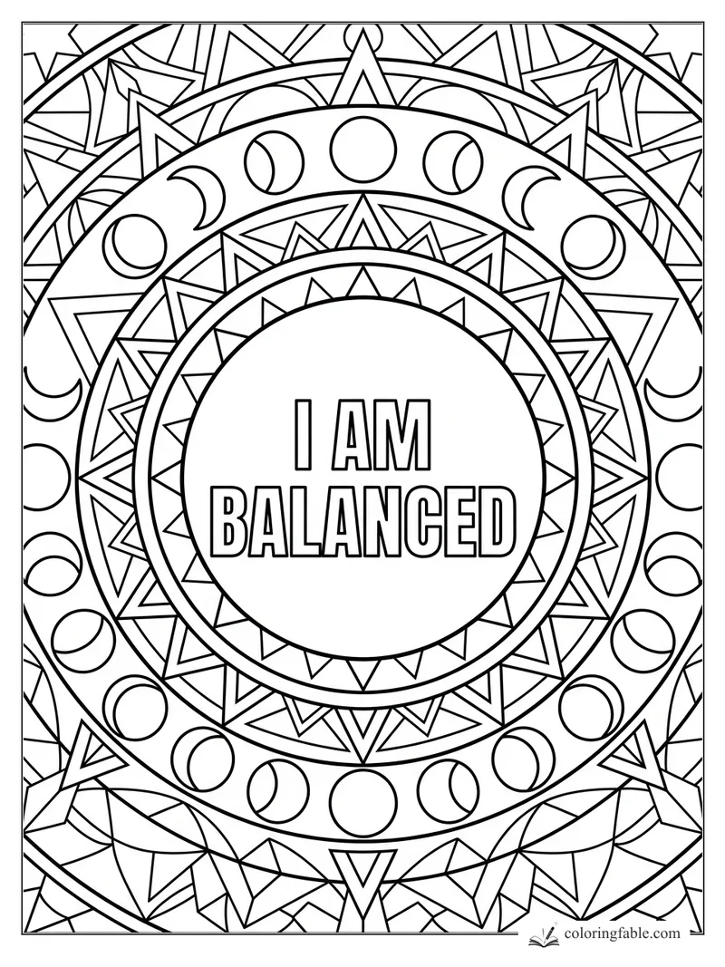 Geometric mandala coloring page with “I AM BALANCED,” moon phases, triangles, and sunburst rings.