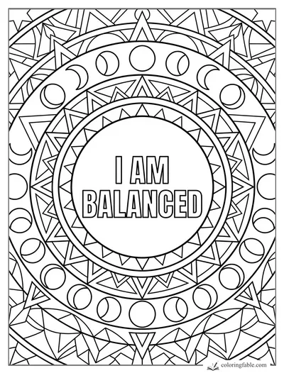 Geometric mandala coloring page with “I AM BALANCED,” moon phases, triangles, and sunburst rings.