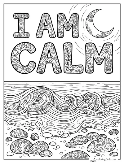 Intricate zentangle coloring page with “I AM CALM,” crescent moon, curling ocean waves, shells, and stones.