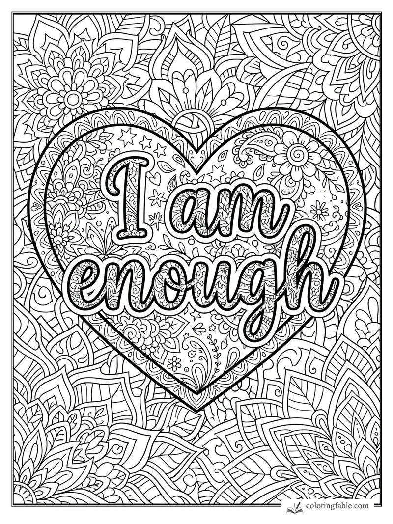 Intricate zentangle heart with “I am enough” lettering, flowers, stars, paisleys, and leafy patterns.