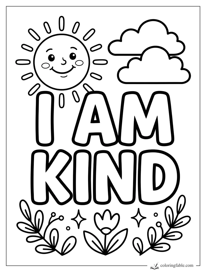 Bold I AM KIND affirmation with smiling sun, clouds, flowers, leaves, and sparkles