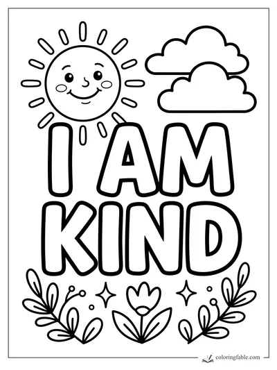 Bold I AM KIND affirmation with smiling sun, clouds, flowers, leaves, and sparkles