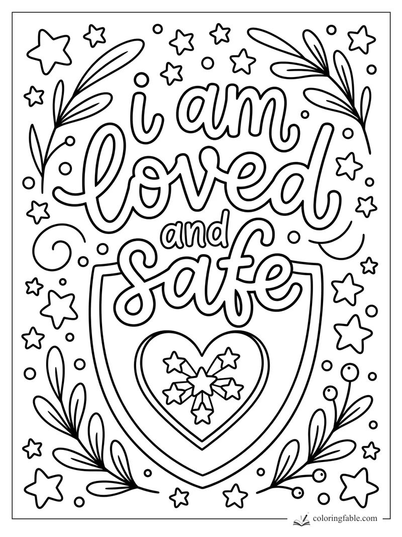 Bold affirmation coloring page reading I am loved and safe with stars, leafy sprigs, and a heart shield.
