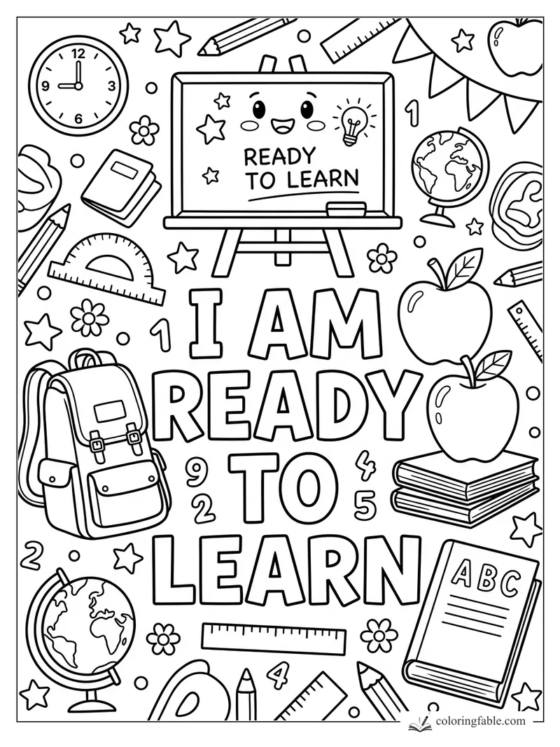 Classroom affirmation coloring page with smiling chalkboard, backpack, apples, globes, books, and school supplies.