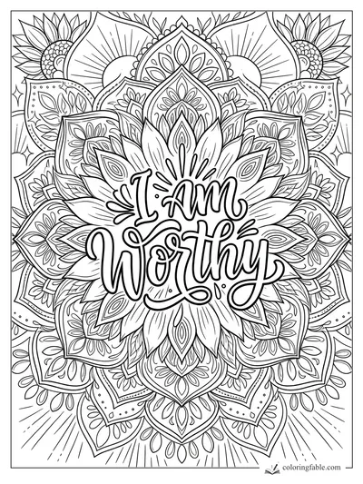 Intricate lotus mandala coloring page with the affirmation “I Am Worthy” in bold script lettering.