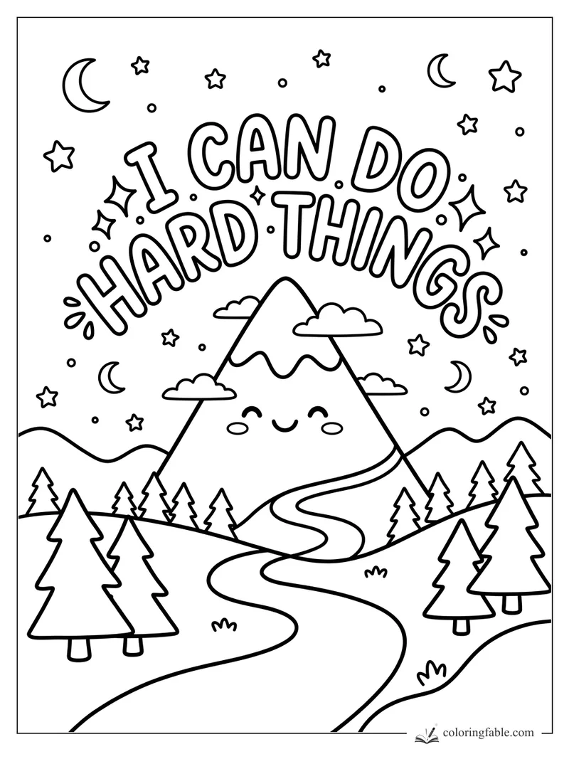 Kawaii mountain with “I can do hard things” lettering, stars, moons, trees, clouds, and winding trail.