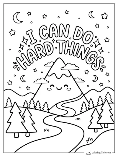 Kawaii mountain with “I can do hard things” lettering, stars, moons, trees, clouds, and winding trail.