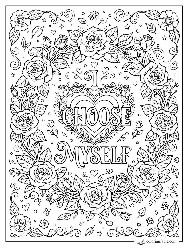 Intricate floral coloring page with “I Choose Myself” inside a heart, surrounded by roses, leaves, stars, and swirls.