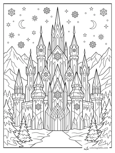 Intricate ice castle with tall crystal towers, snowy mountains, pine trees, moons, stars, and snowflakes.