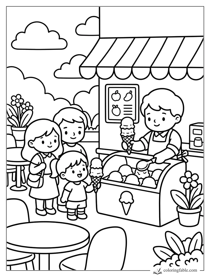 Kids buying ice cream cones from a smiling vendor at an outdoor town cart with flowers and awning