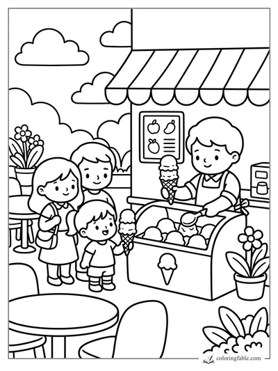 Kids buying ice cream cones from a smiling vendor at an outdoor town cart with flowers and awning