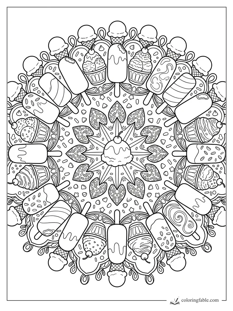 Intricate ice cream mandala with popsicles, cones, sundaes, sprinkles, cherries, and waffle patterns.