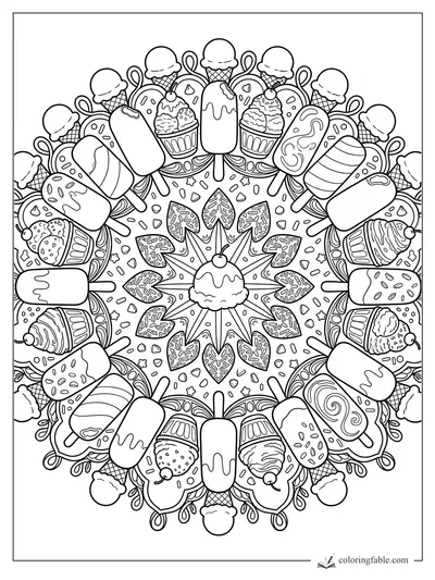Intricate ice cream mandala with popsicles, cones, sundaes, sprinkles, cherries, and waffle patterns.