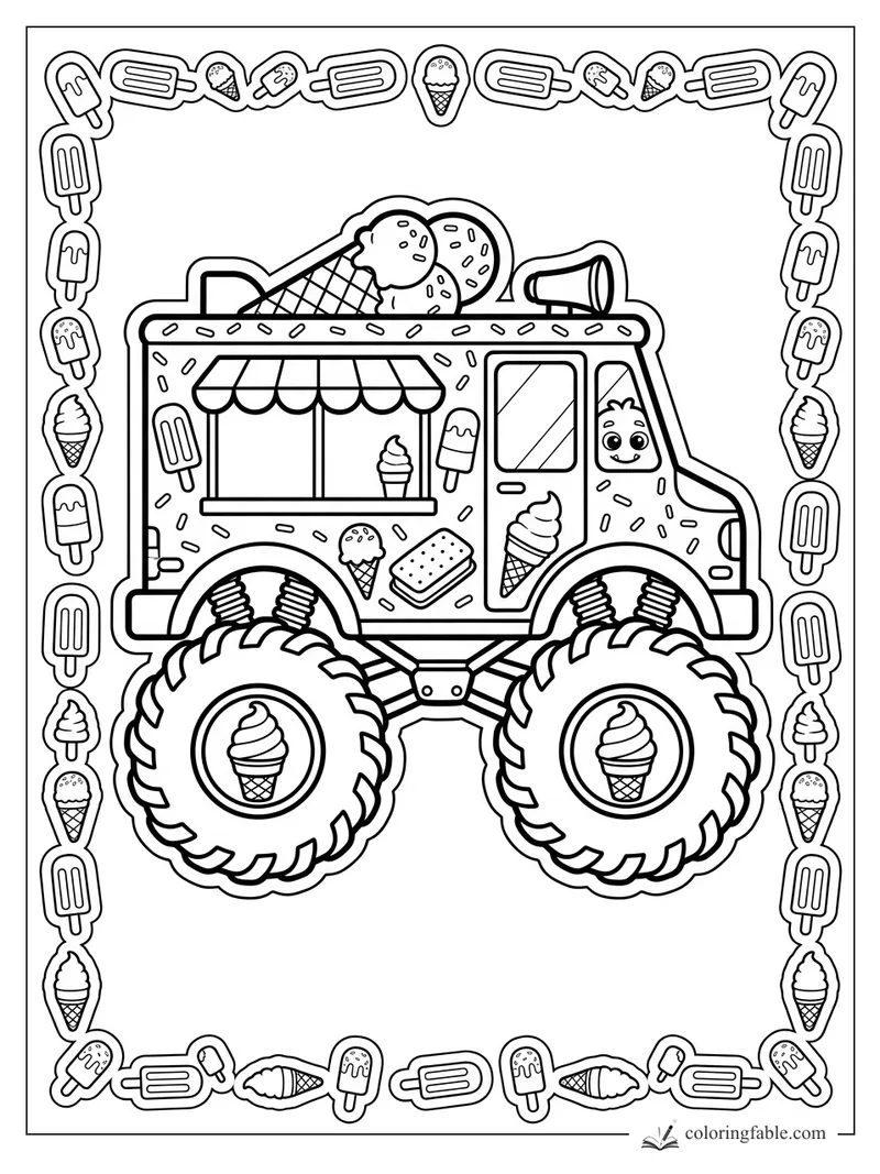 Ice cream monster truck with giant tires, smiling driver, roof cones, and popsicle sticker border