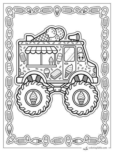 Ice cream monster truck with giant tires, smiling driver, roof cones, and popsicle sticker border