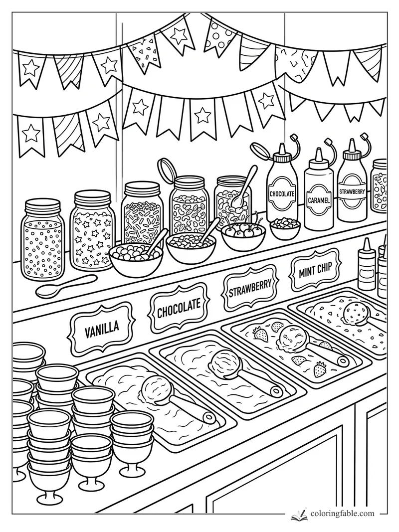Ice cream shop counter with flavor tubs, topping jars, syrup bottles, bowls, spoons, and party banners.