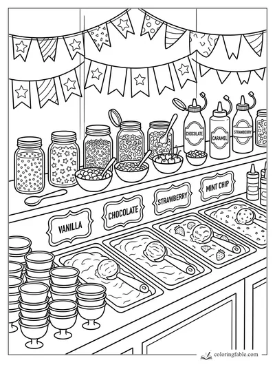 Ice cream shop counter with flavor tubs, topping jars, syrup bottles, bowls, spoons, and party banners.