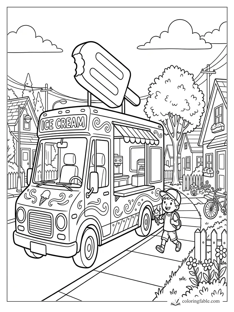 Cartoon ice cream truck with giant popsicle sign, smiling child, houses, bike, trees, and sidewalk.
