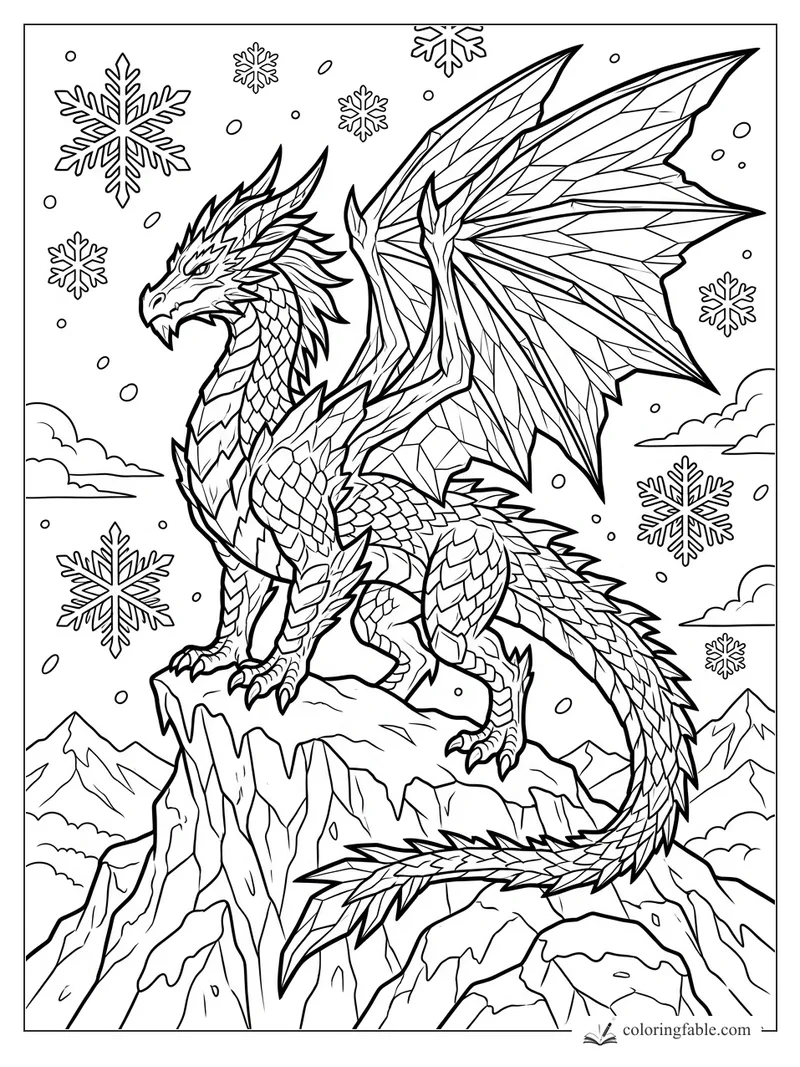 Detailed ice-wing dragon standing on a cliff among snowflakes and mountain peaks
