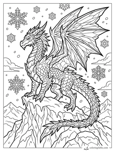 Detailed ice-wing dragon standing on a cliff among snowflakes and mountain peaks