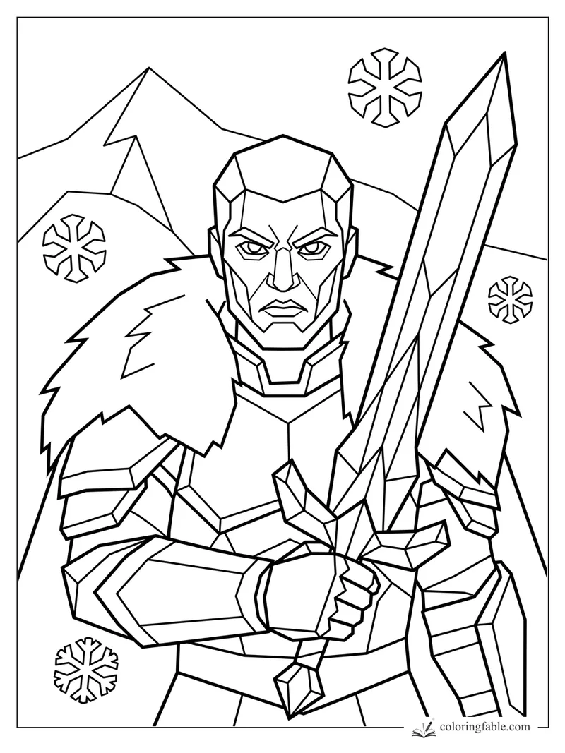 Geometric fantasy warrior holding a crystal sword, with fur shoulders, mountains, and snowflakes behind him