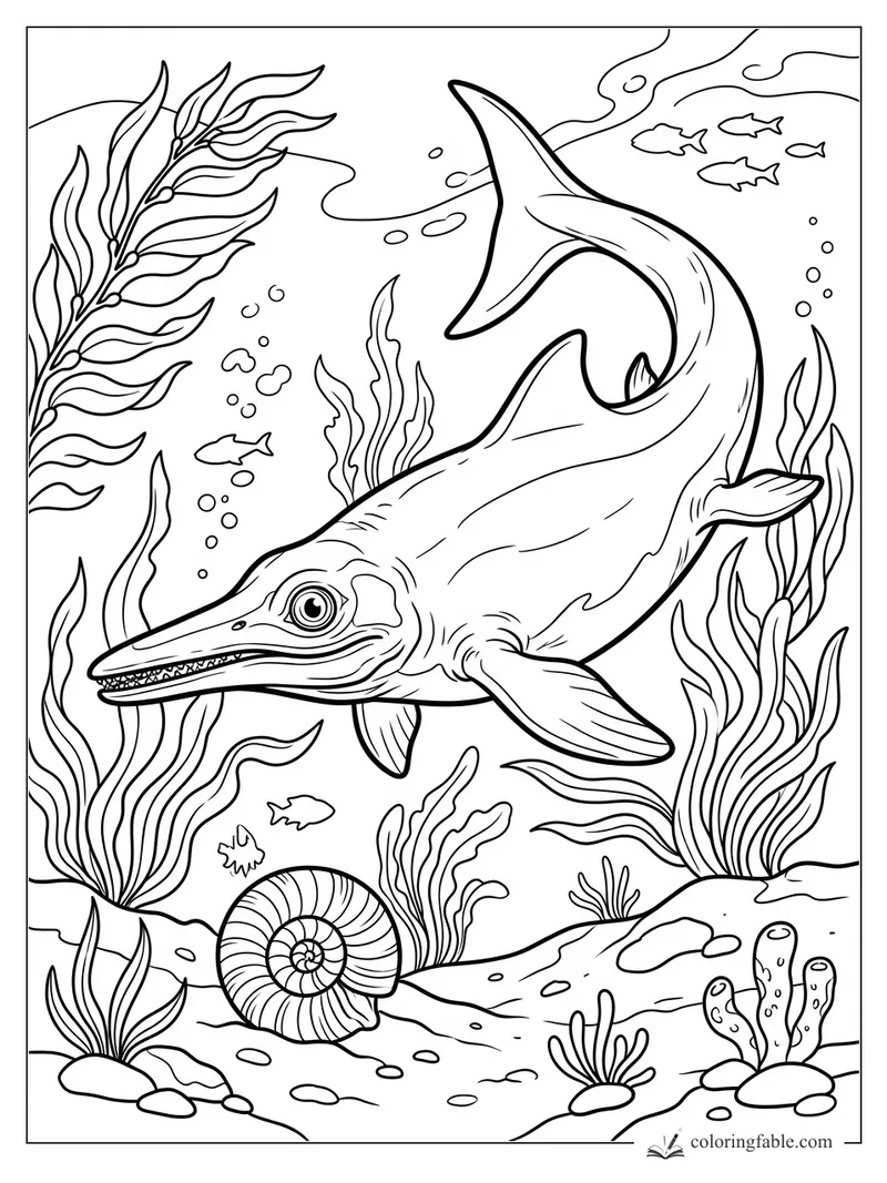 Realistic ichthyosaur swimming past kelp, bubbles, small fish, coral, and a spiral shell on the seafloor.