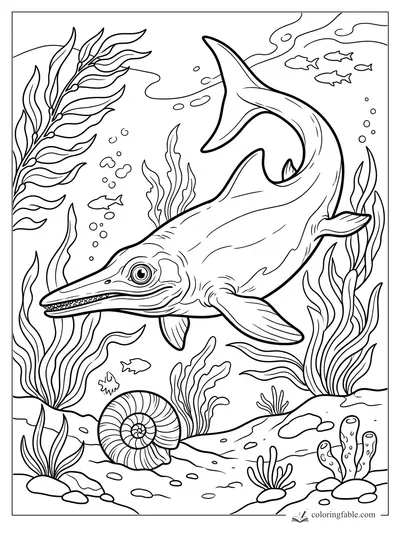 Realistic ichthyosaur swimming past kelp, bubbles, small fish, coral, and a spiral shell on the seafloor.