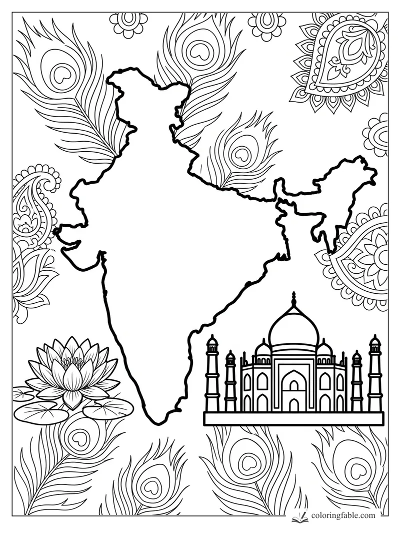 India map coloring page with Taj Mahal, lotus flower, peacock feathers, and paisley patterns.