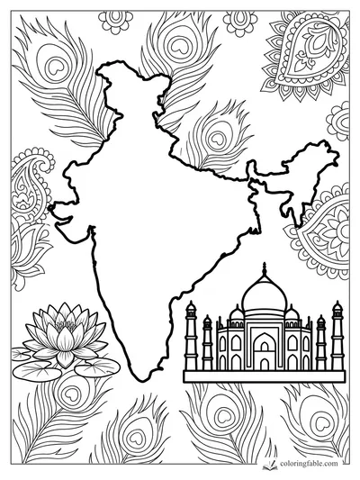 India map coloring page with Taj Mahal, lotus flower, peacock feathers, and paisley patterns.