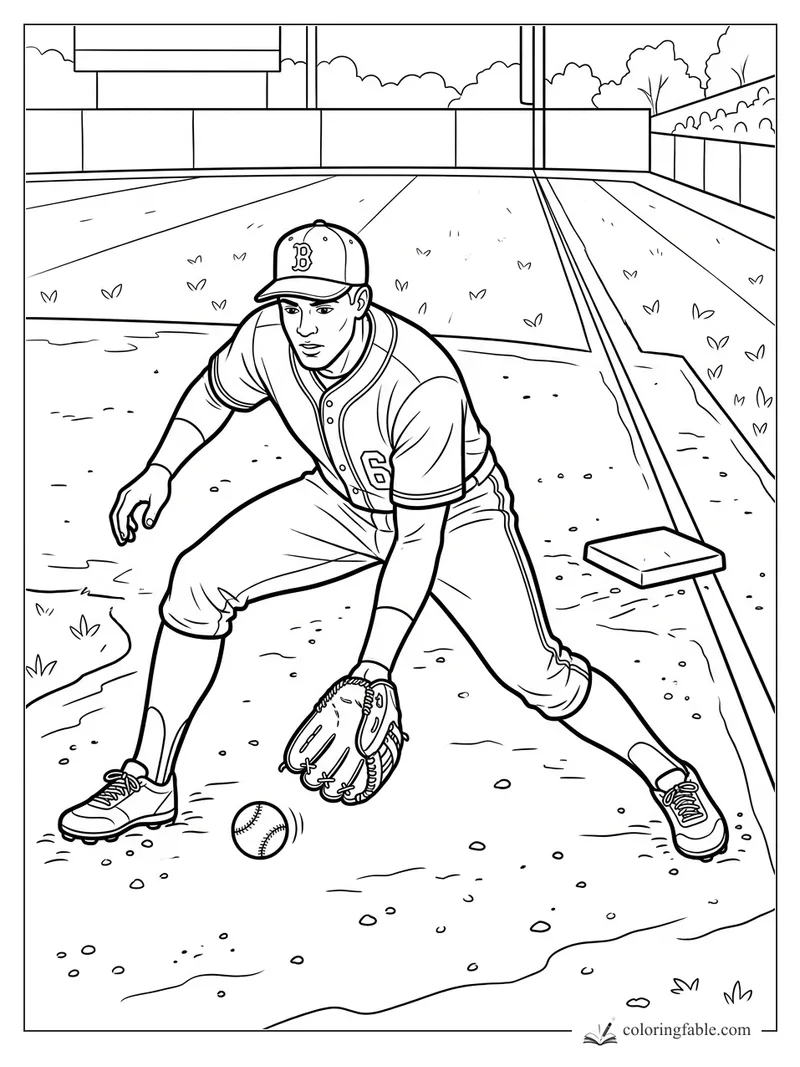 Baseball infielder crouches with glove low to field a ground ball beside a base on the infield.