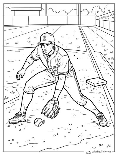 Baseball infielder crouches with glove low to field a ground ball beside a base on the infield.