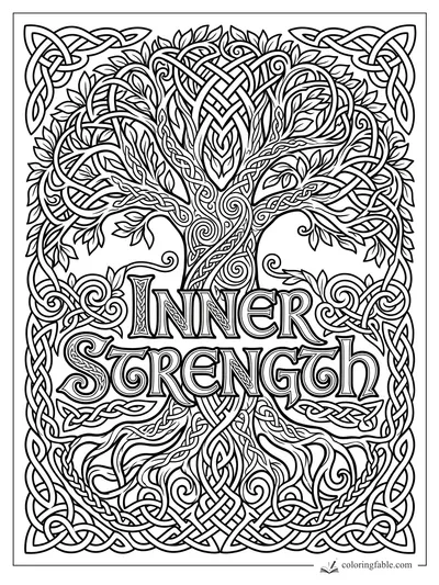 Celtic coloring page with “Inner Strength” lettering, knotwork tree branches, leaves, and woven border