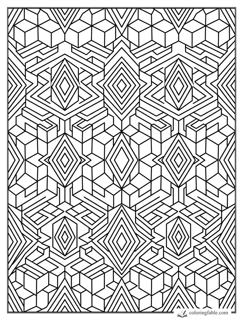 Intricate geometric coloring page with repeating cubes, nested diamonds, chevrons, and angular linework.