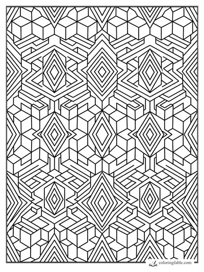 Intricate geometric coloring page with repeating cubes, nested diamonds, chevrons, and angular linework.