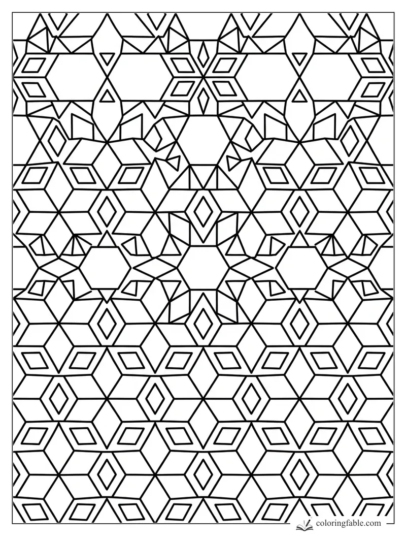 Intricate geometric coloring page with repeating hexagons, diamonds, triangles, and cube-like line patterns