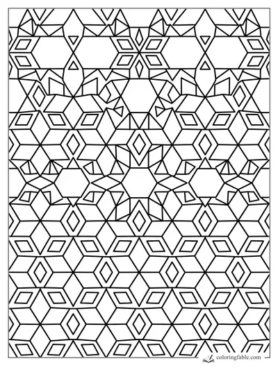 Intricate geometric coloring page with repeating hexagons, diamonds, triangles, and cube-like line patterns