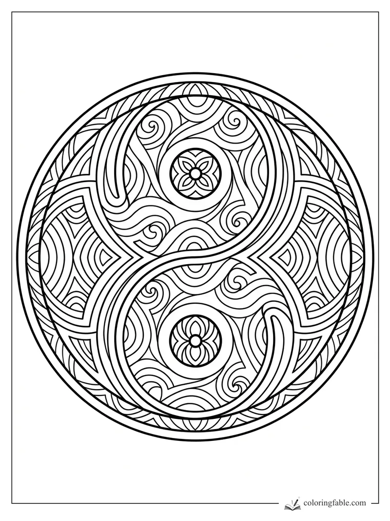Intricate infinity mandala coloring page with two floral centers, spiral curls, leaf borders, and nested arcs.