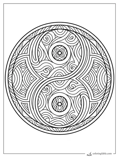 Intricate infinity mandala coloring page with two floral centers, spiral curls, leaf borders, and nested arcs.