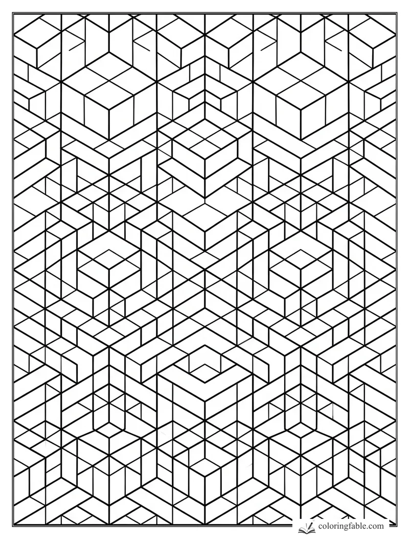 Intricate geometric coloring page with repeating isometric cubes, stairs, and angular maze lines