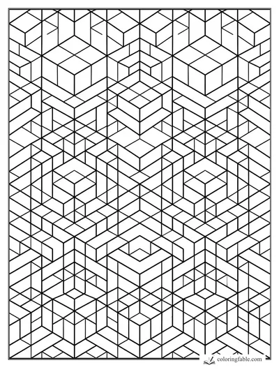 Intricate geometric coloring page with repeating isometric cubes, stairs, and angular maze lines