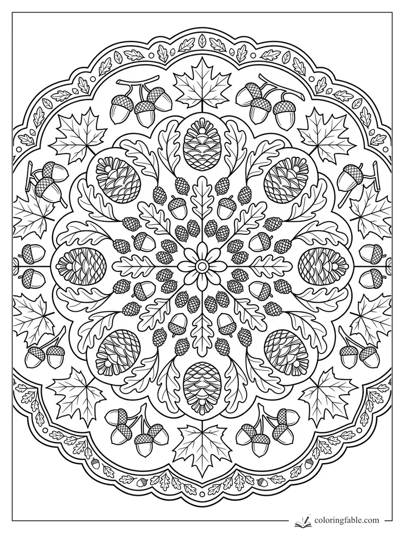 Intricate fall mandala with acorns, oak leaves, maple leaves, pinecones, and scalloped border