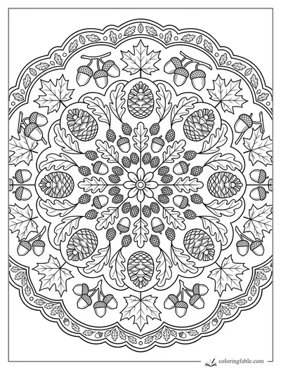 Intricate fall mandala with acorns, oak leaves, maple leaves, pinecones, and scalloped border