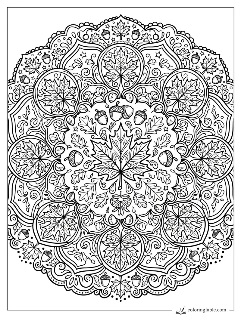 Intricate fall mandala with maple leaves, oak leaves, acorns, curls, stars, and scalloped borders.