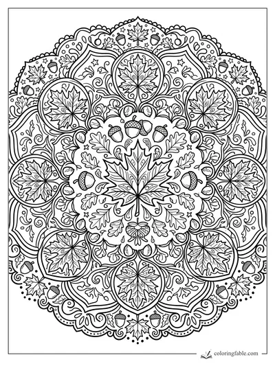 Intricate fall mandala with maple leaves, oak leaves, acorns, curls, stars, and scalloped borders.