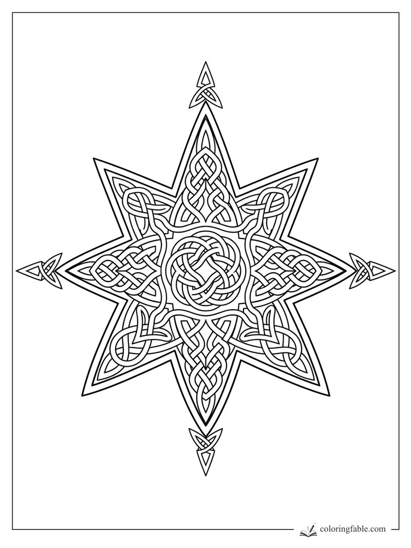 Intricate Celtic star with woven knotwork, pointed arms, and small arrow ornaments at four tips