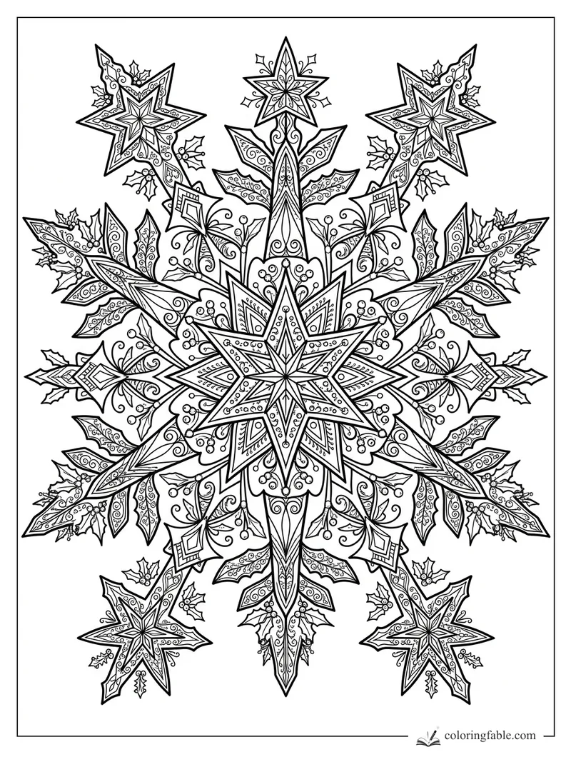 Intricate Christmas mandala with layered stars, holly leaves, berries, curls, and pointed snowflake shapes.